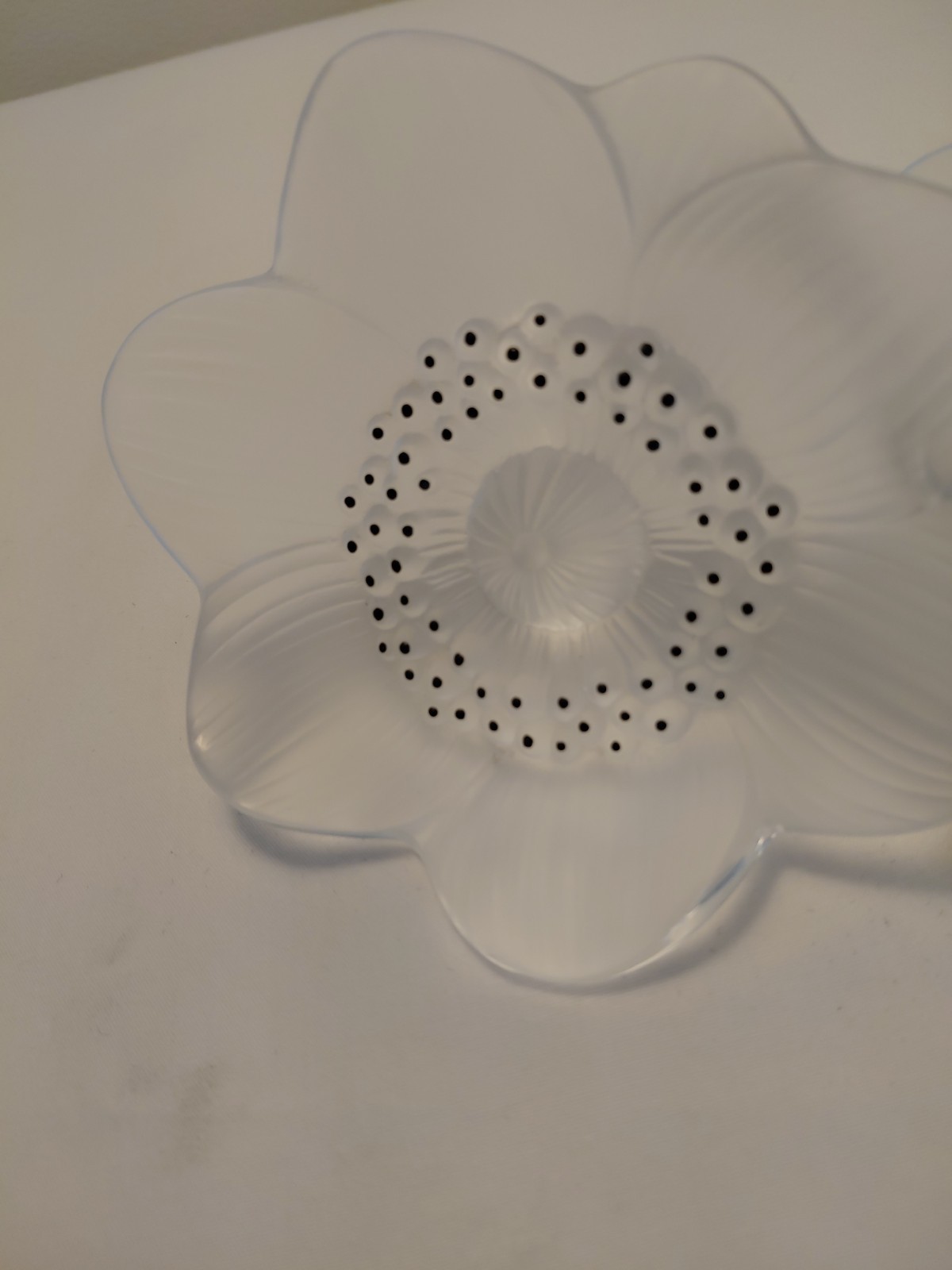 Vtg Rene Lalique Signed Frosted Crystal Anemone Floral W/Black Enamel Sculpture