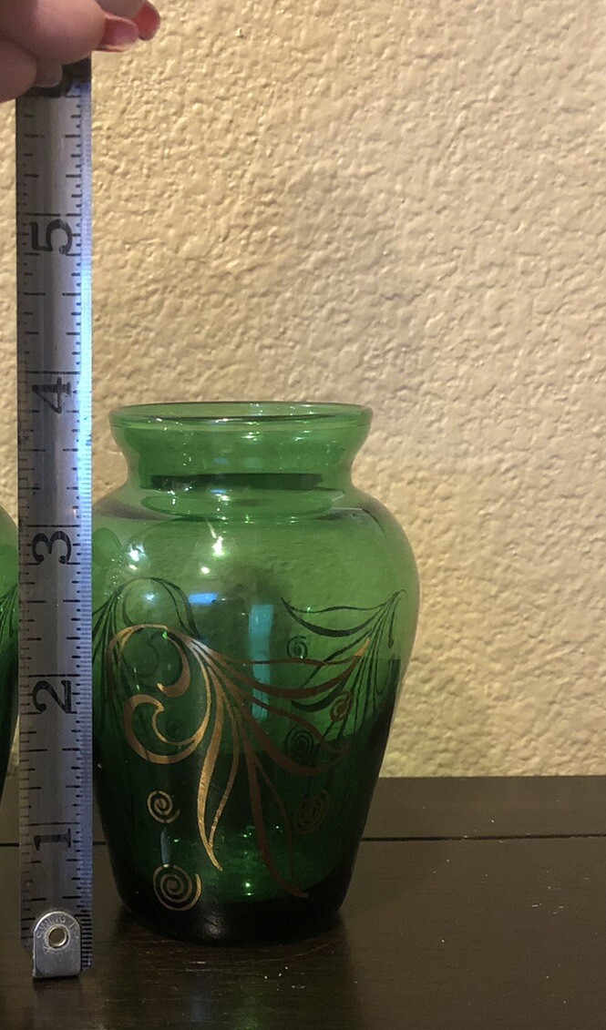 Mid Century Modern Anchor Hocking Green Emerald Glass W/ Gold Inlay Small Vases
