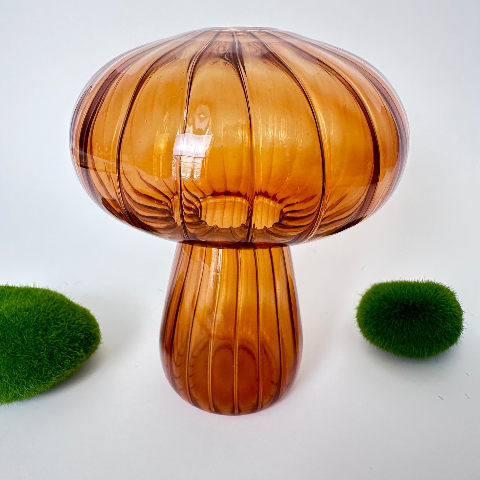 Vintage Amber Glass Mushroom Vase Ribbed Toadstool MCM Cottagecore Decor 5 inch