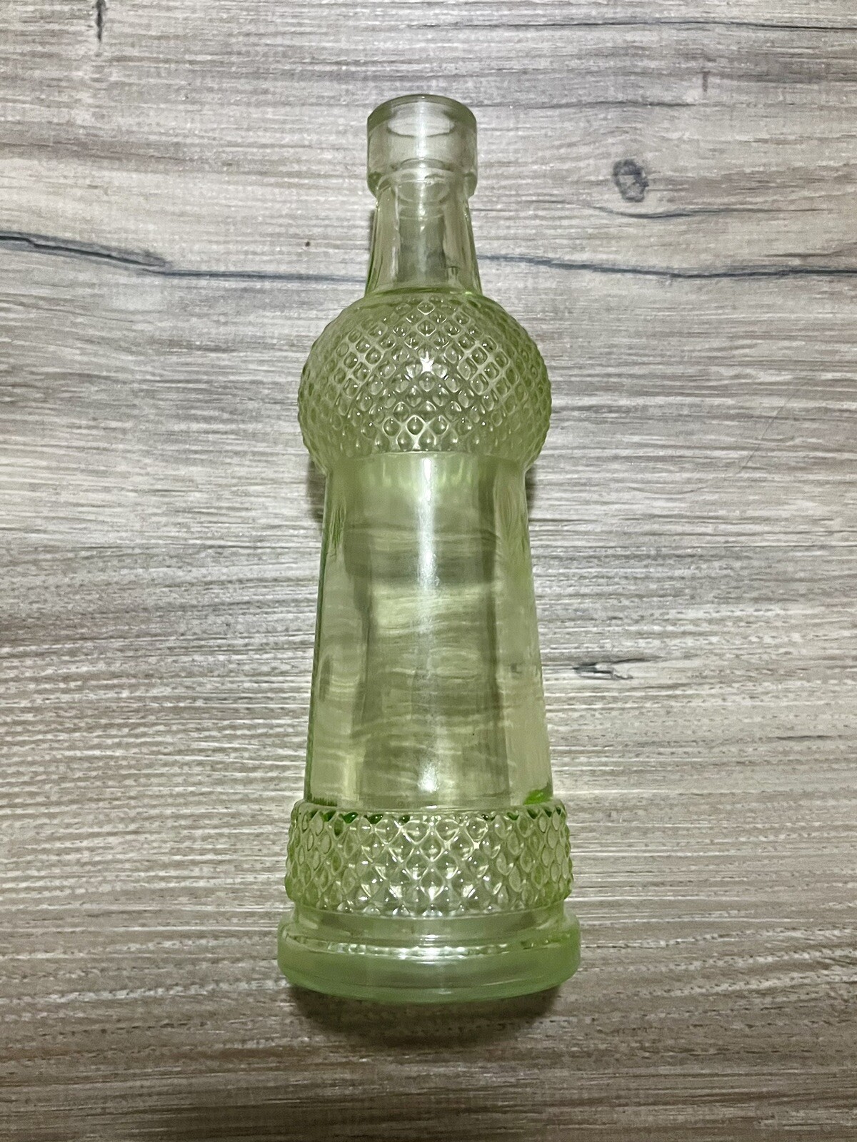Vintage Yellow Green Tint Glass Bottle Vase Approx 8” (No Stopper)