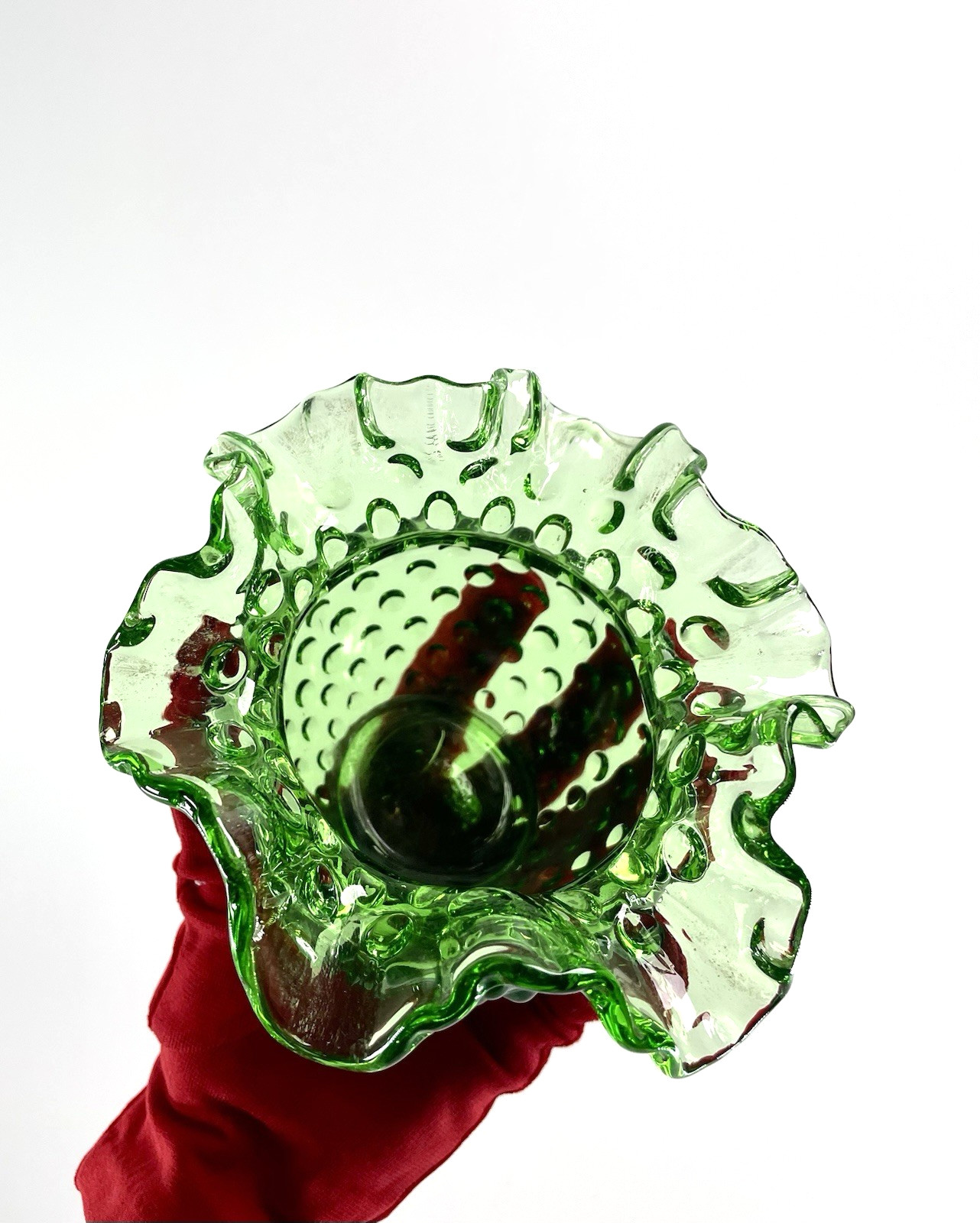 VTG Fenton Glass Vase Spring Time Green Hobnail RoseBowl Ruffled Edge 4” MARKED