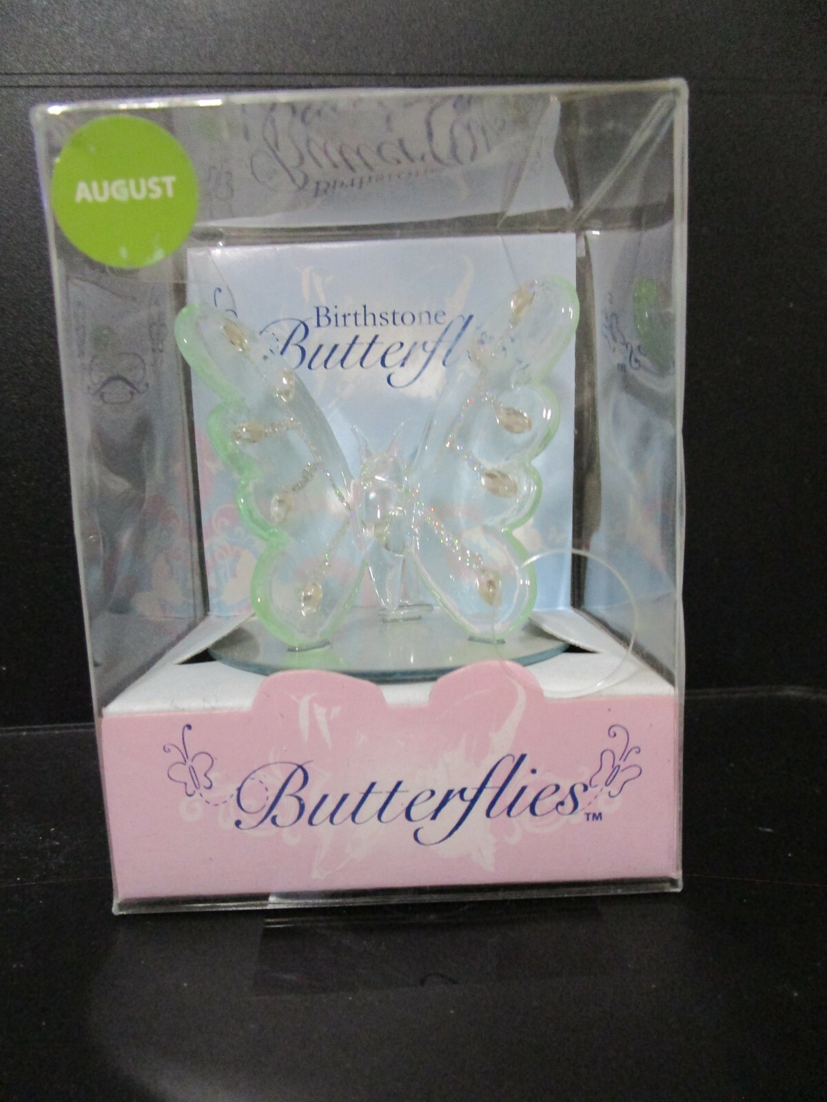 Novelty Inc. Blown Glass, H.F. Birthday Butterfly, PERIDOT, on Mirror Base