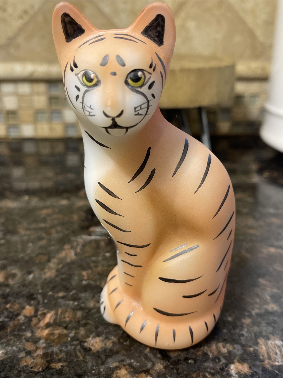 Fenton Opal Satin Tiger Hand Painted Stylized Cat EUC