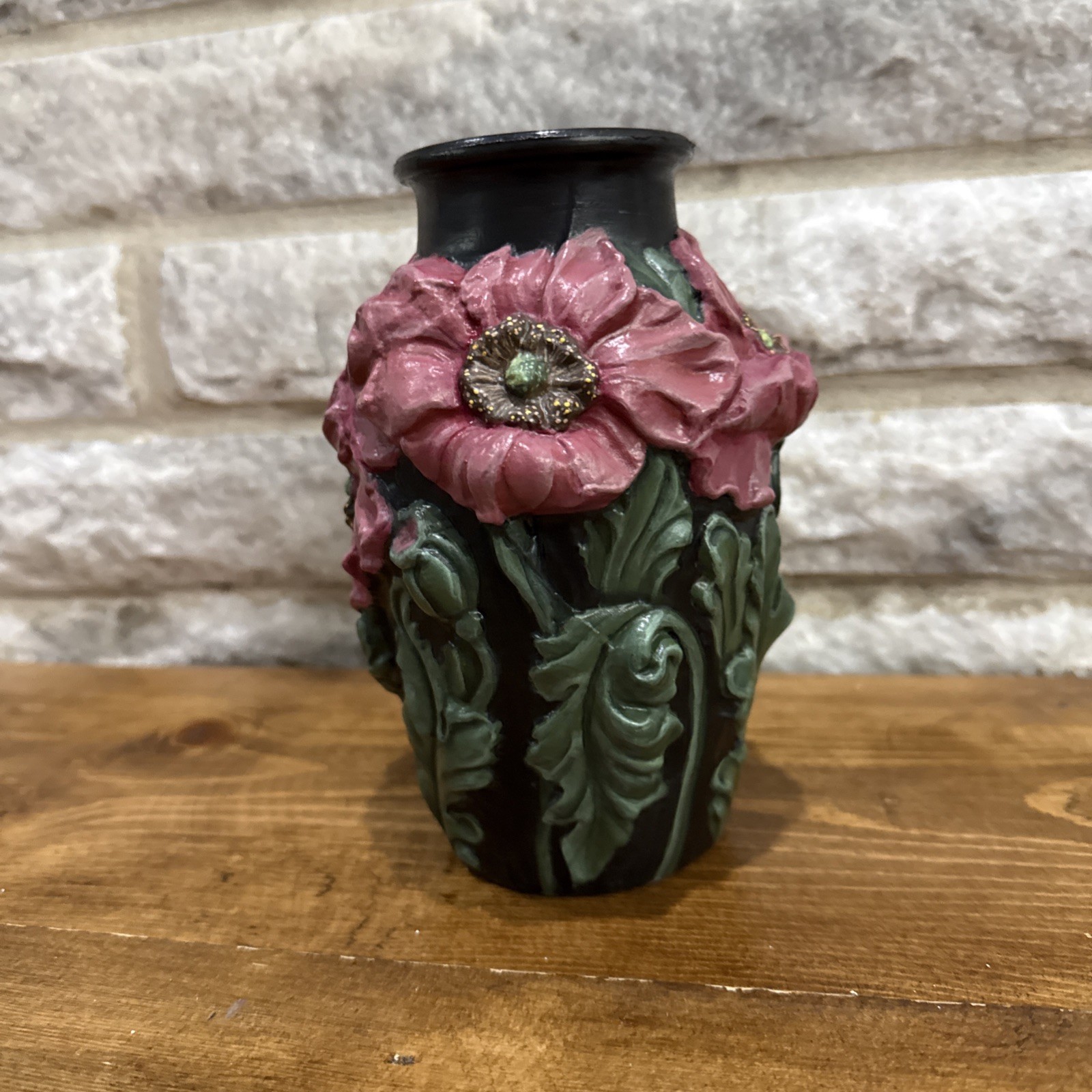 Vintage TIFFIN GLASS 1930s Art Nouveau Black Satin Glass Coralene Red Poppy Vase