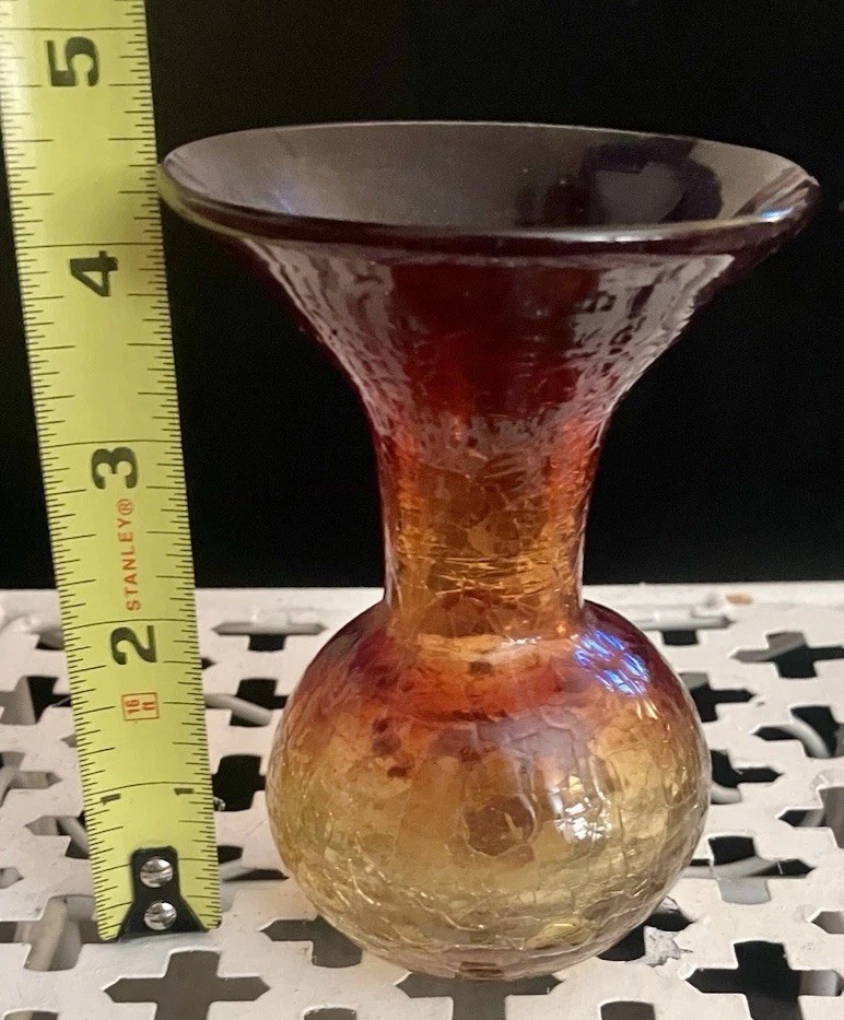 Vintage Blenko Amberina Ombré Crackle Glass Vase Hand Blown, WV Red Orange