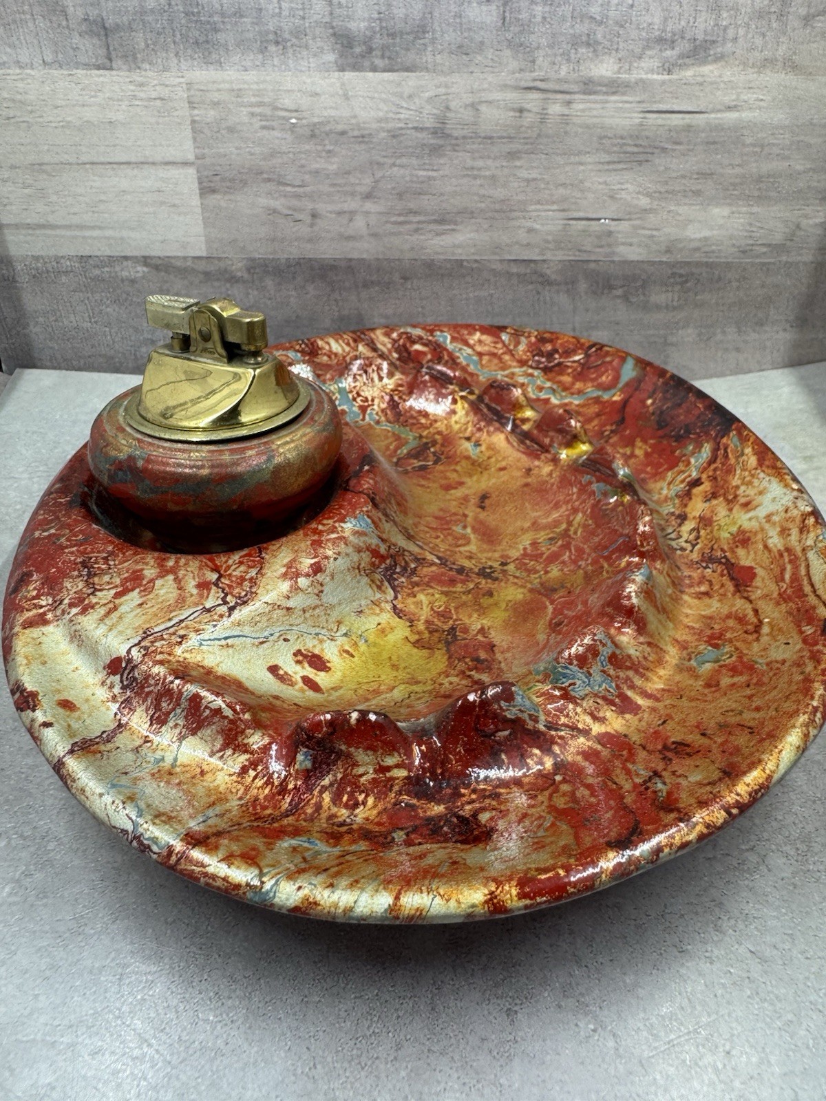 Vintage California USA Original Pottery Ashtray w/ Lighter Red Orange Gold Glaze