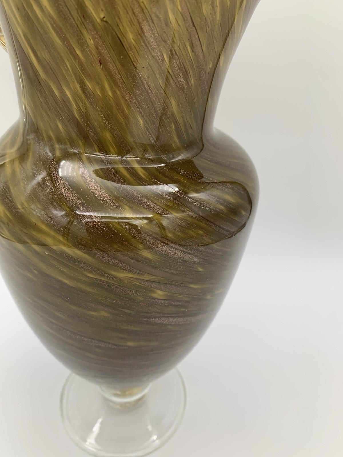 Vtg. Smokey Ornate Gold Glitter Accent Swirl Art Glass Pitcher Vase With Handle
