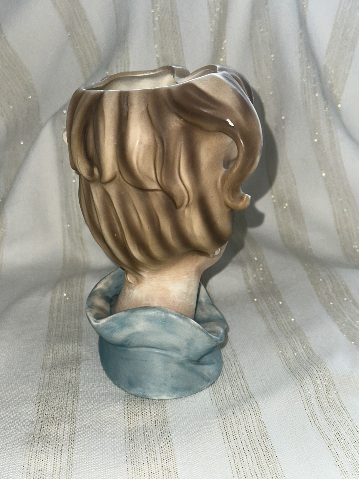 Relpo K1695 Vintage Lady Head Vase Blue with Bow 7”