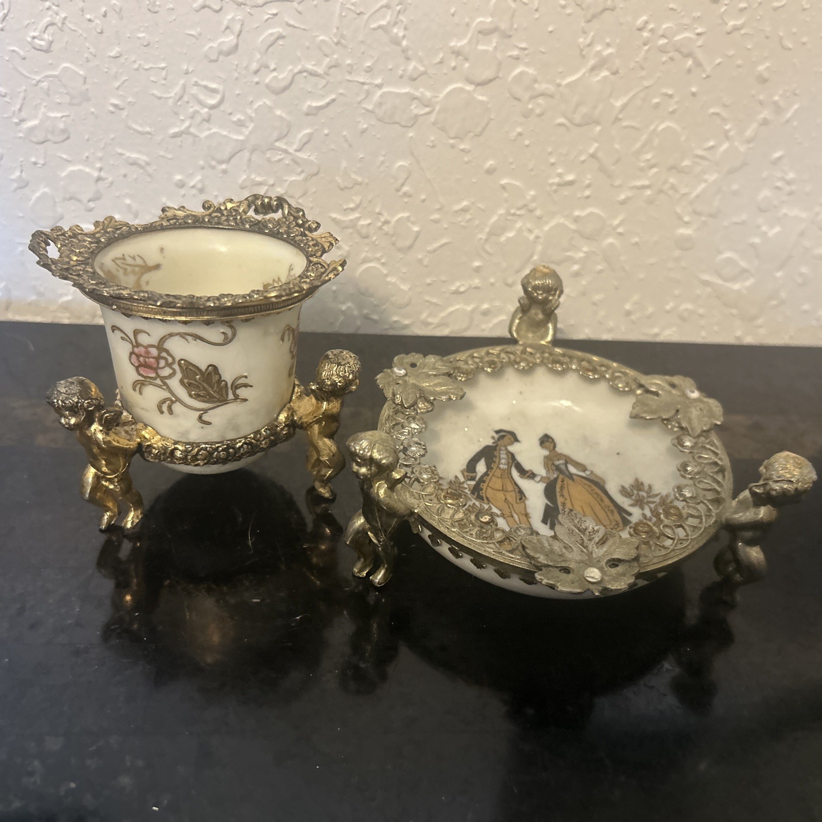 Antique Porcelain Germany Kalk Crossed Arrows Mark Bronze cup & Ashtray Cupids