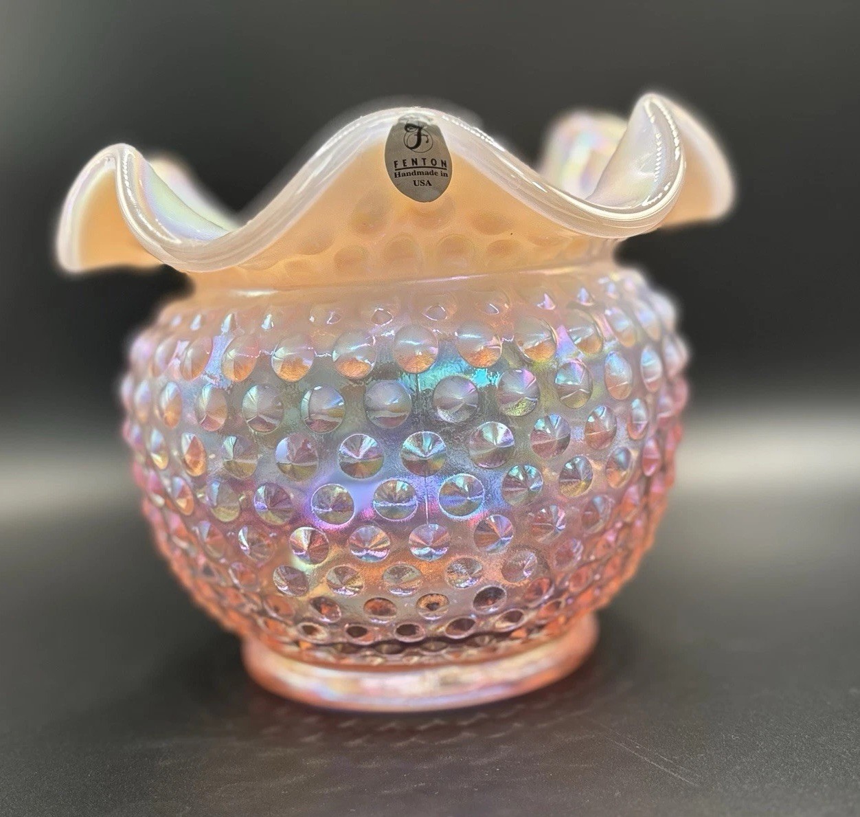 Fenton Vintage Opalescent Pink Basket Vase Dish W/Ruffled Edges 5”
