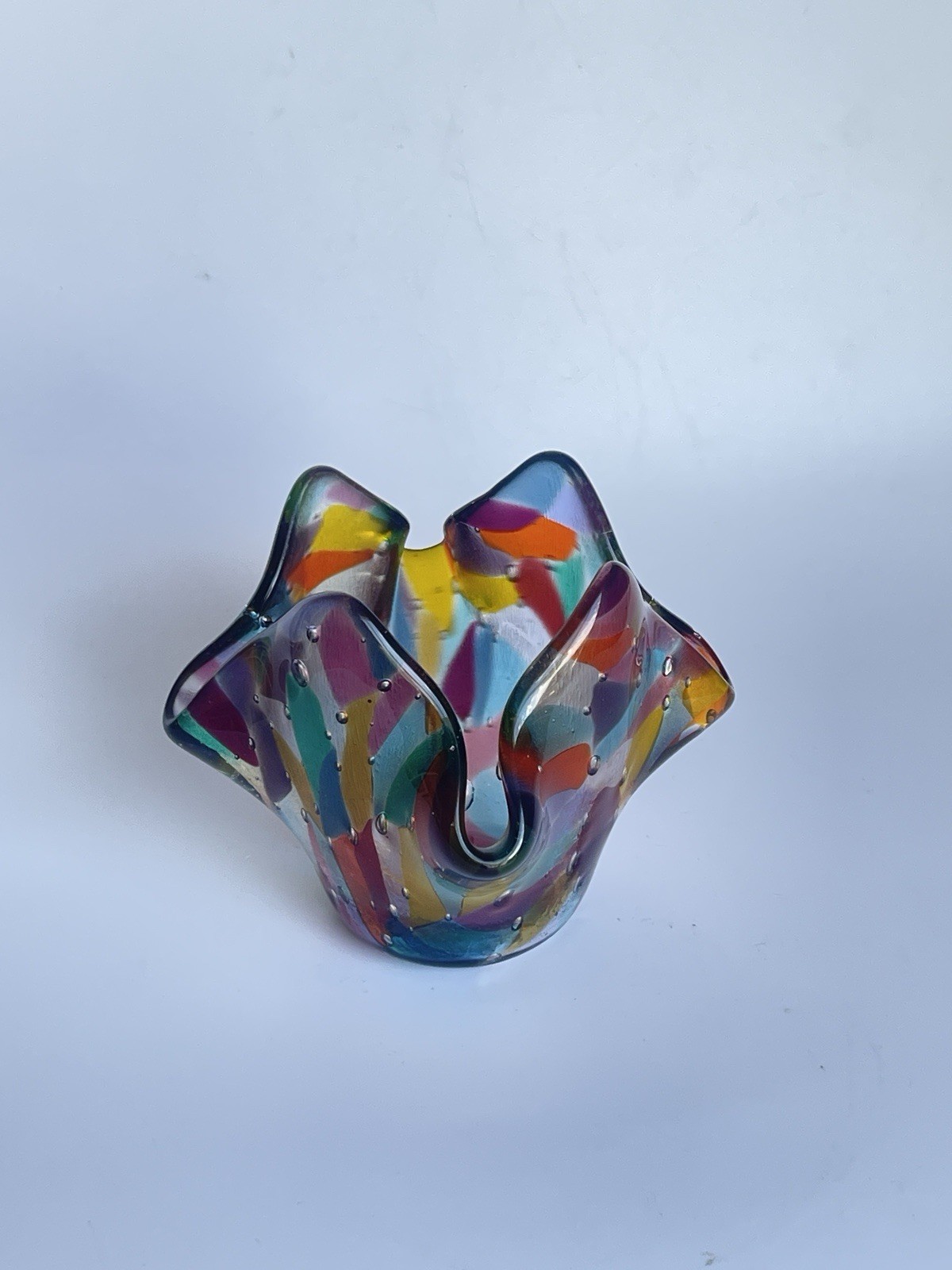 Vintage Art Glass Handkerchief Vase Fused Bubble Multi-colored Candle Votive