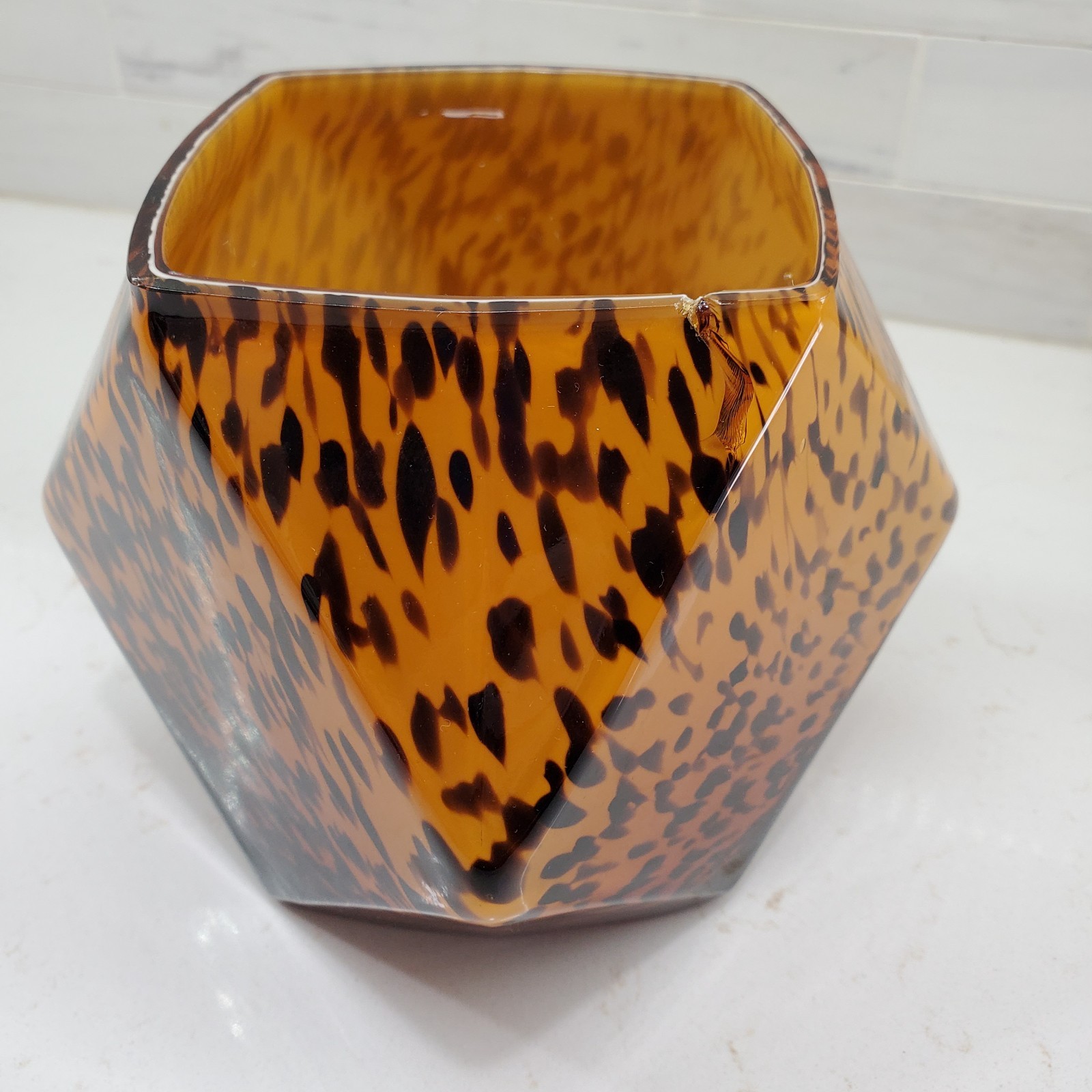 Vintage Leopard Speckled Polyhedral Glass Vase Mouthblown Handmade FLAW 5″x5″