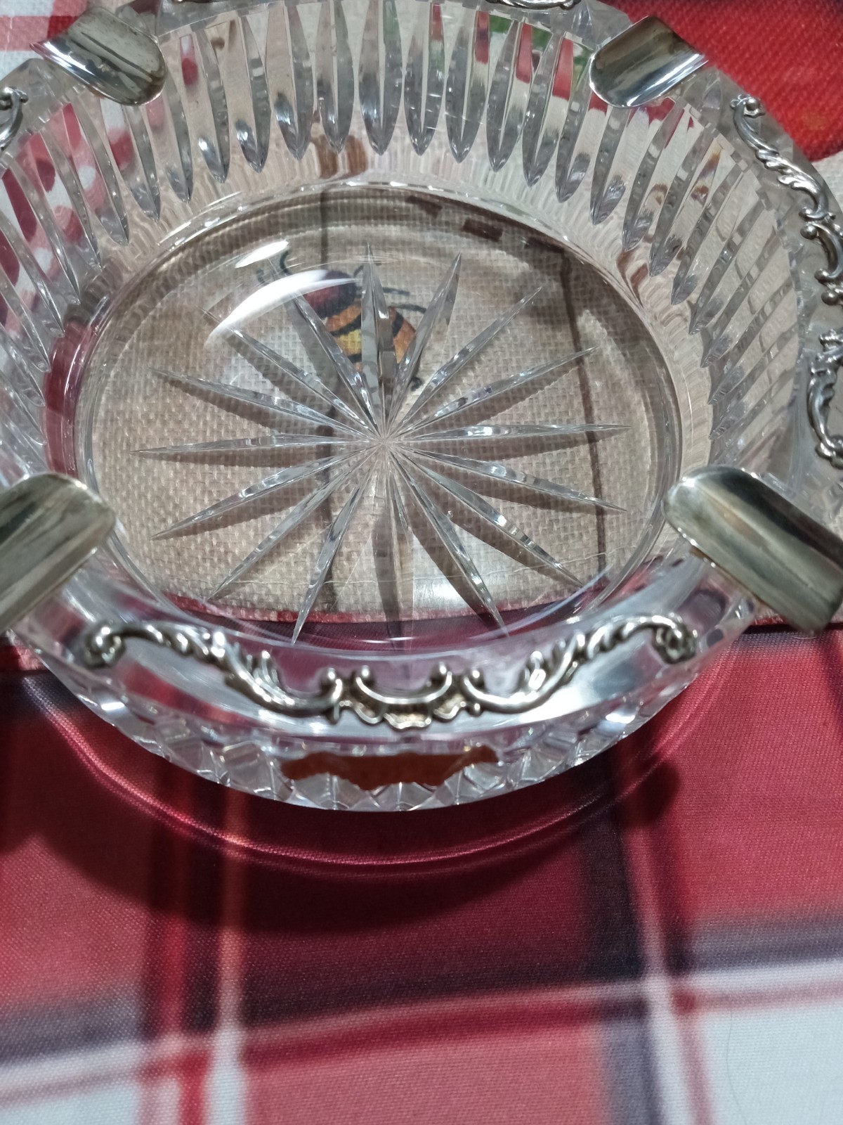 Czechoslovakia Bohemia Hand Cut 24% Lead Crystal Ashtray 5” .800 SILVER