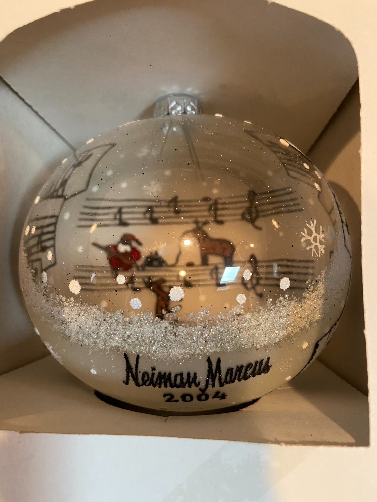 NOS Neiman Marcus Santa Reindeer Music 4″ Ball Christmas Ornament Butterfly Tag