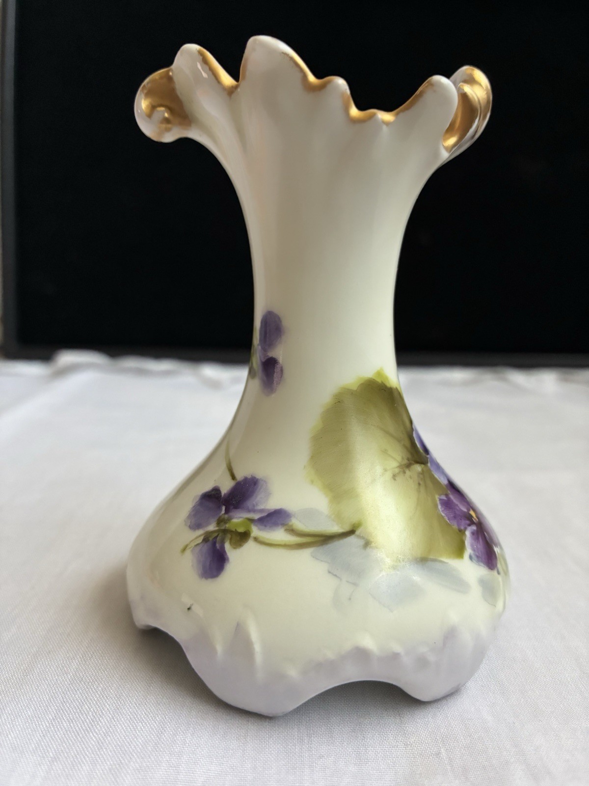 J.P.L France Limoges Hand Painted Violet Vase Gold Ruffle 3.5”