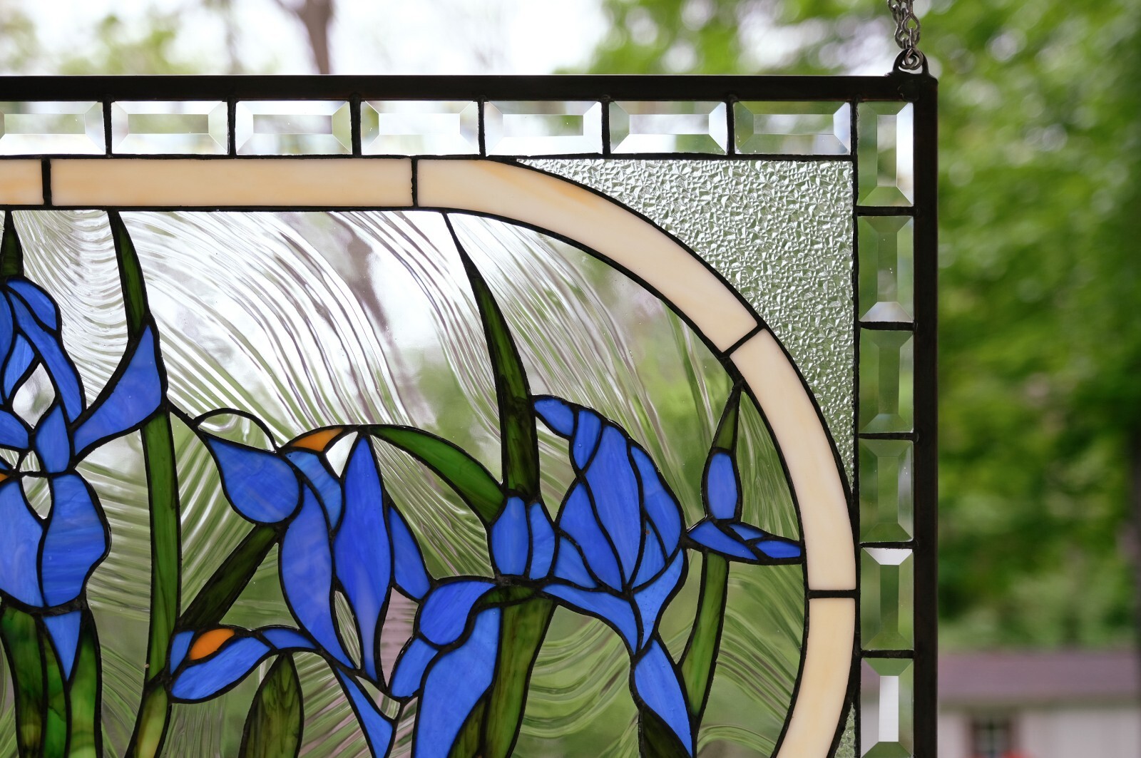 34.25″L x 20″H Handcrafted stained glass window panel Iris Flowers