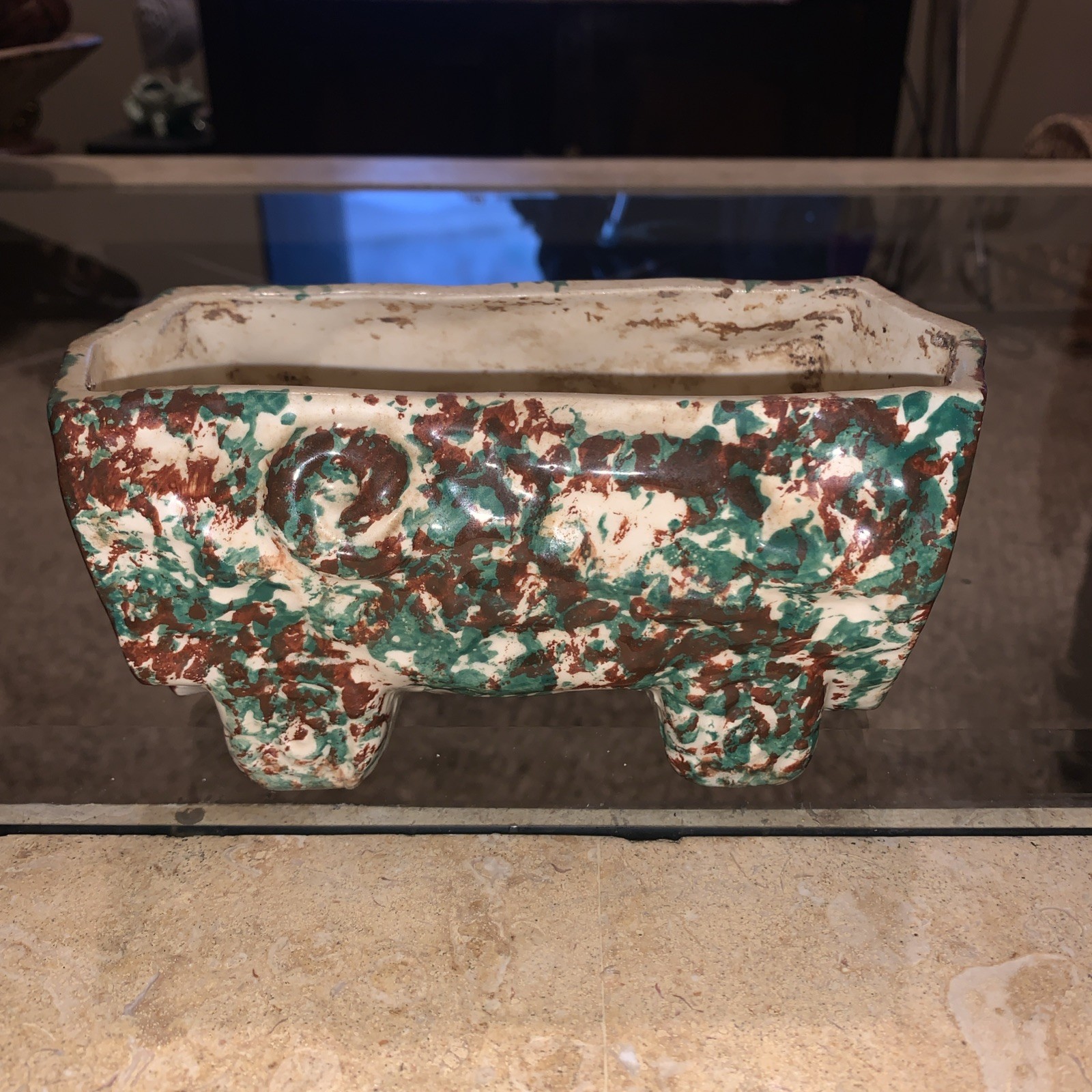 Vintage Ceramic Green Brown Splatter Pottery Planter 7″x3.5″x3″ Succulent Plants