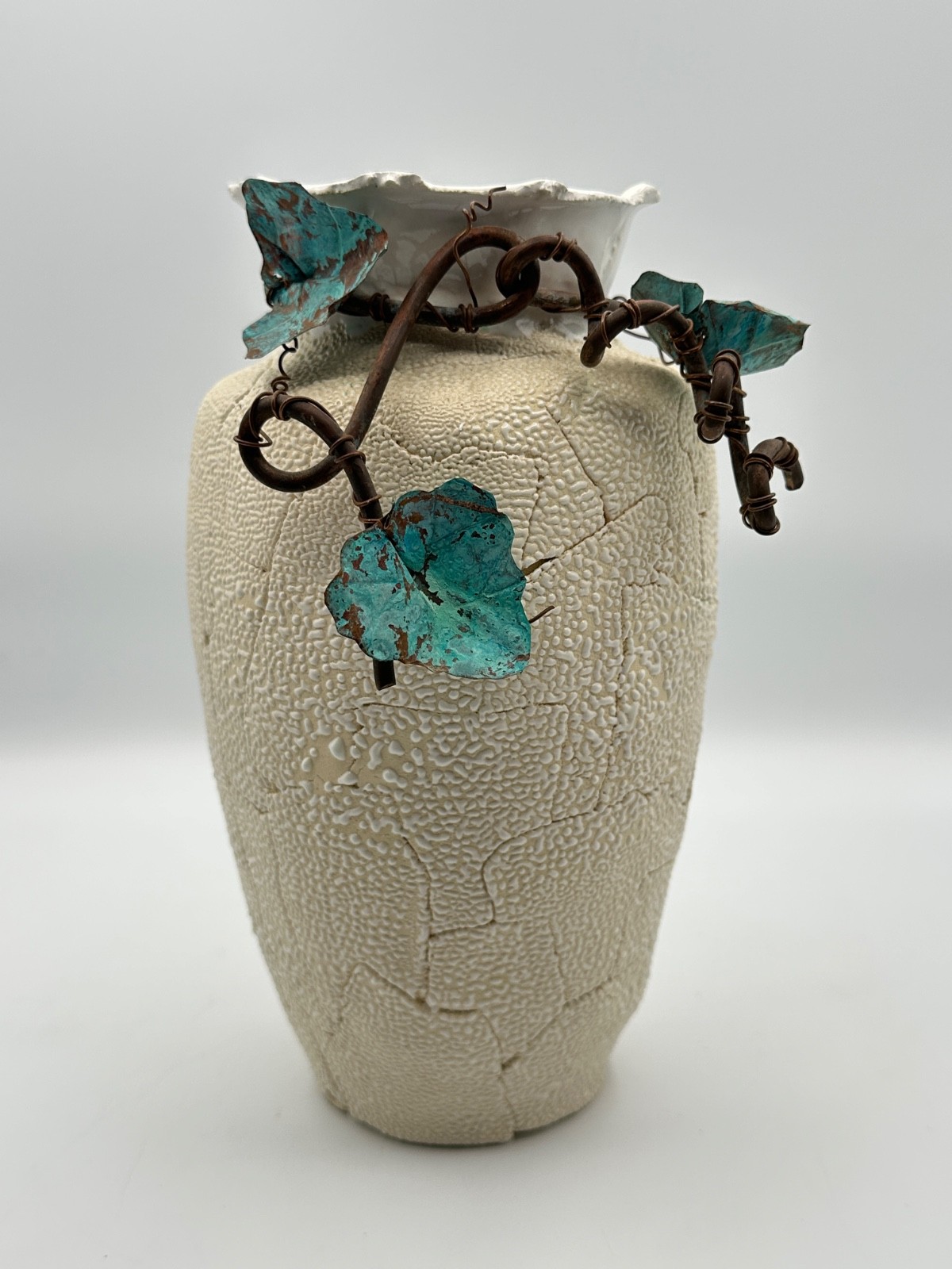 Handmade Studio Art Pottery Vase Copper Vine Patina Leaves Textured Ceramic