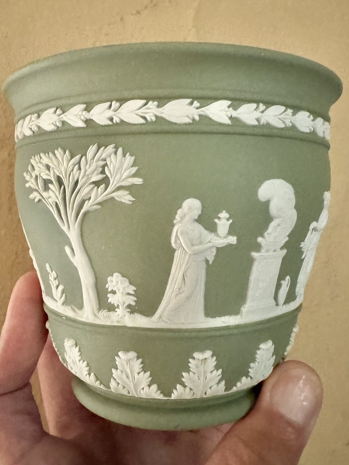 Wedgwood Green Jasperware Plant Pot Planter Classical Scenes – 4 1/2 In
