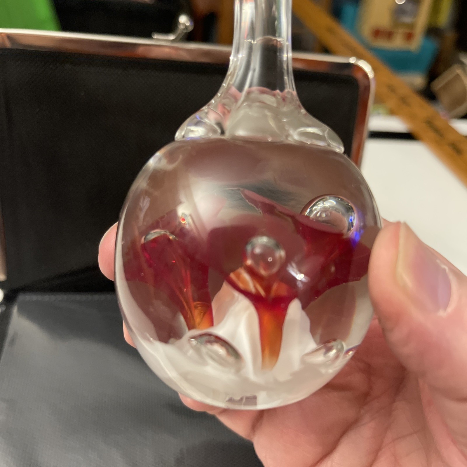 Art Glass Red White Floral Paperweight Teardrop Glass 4” Ring Holder