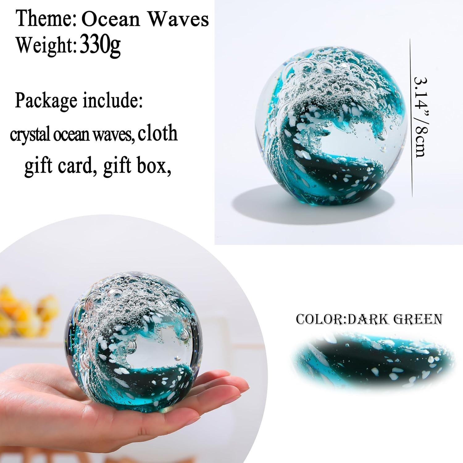 Qianwei Hand Blown Ocean Waves Crystal Ball – Glass Collectible Figurines Spere