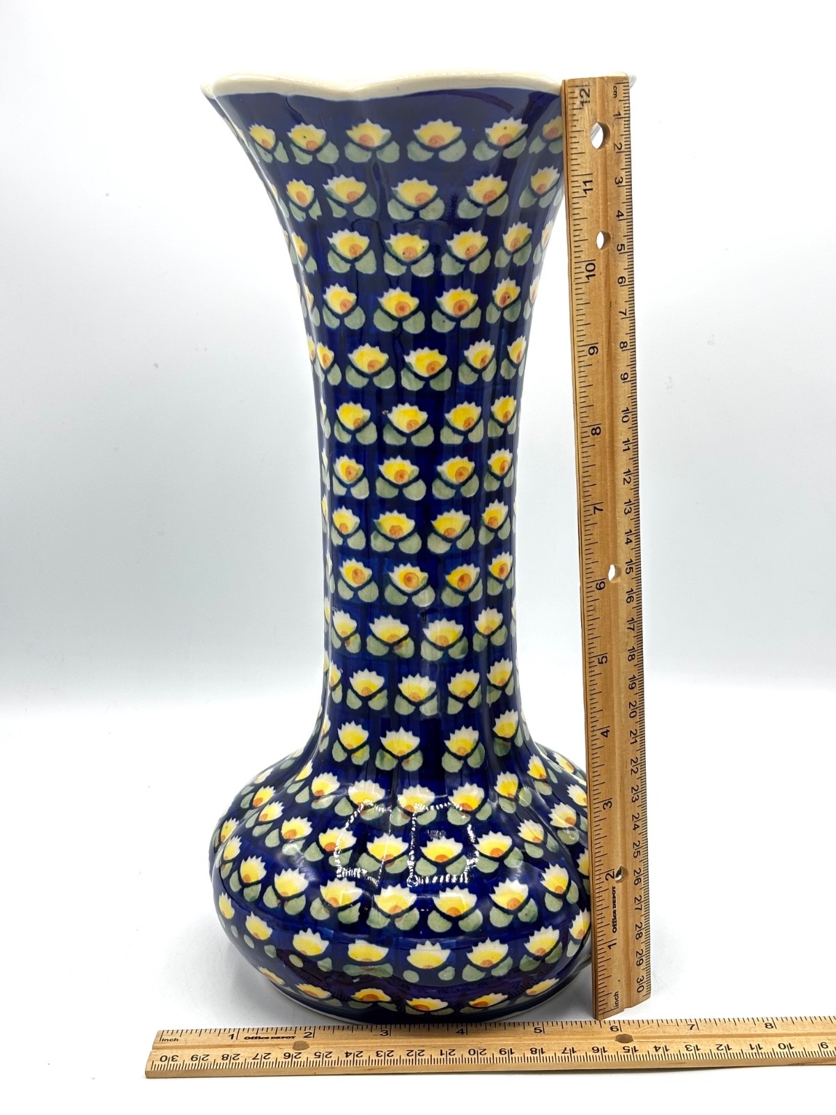 Polish Pottery Boleslawiec Large Ceramic Vase Blue Floral Artist Signed 12” x 6”