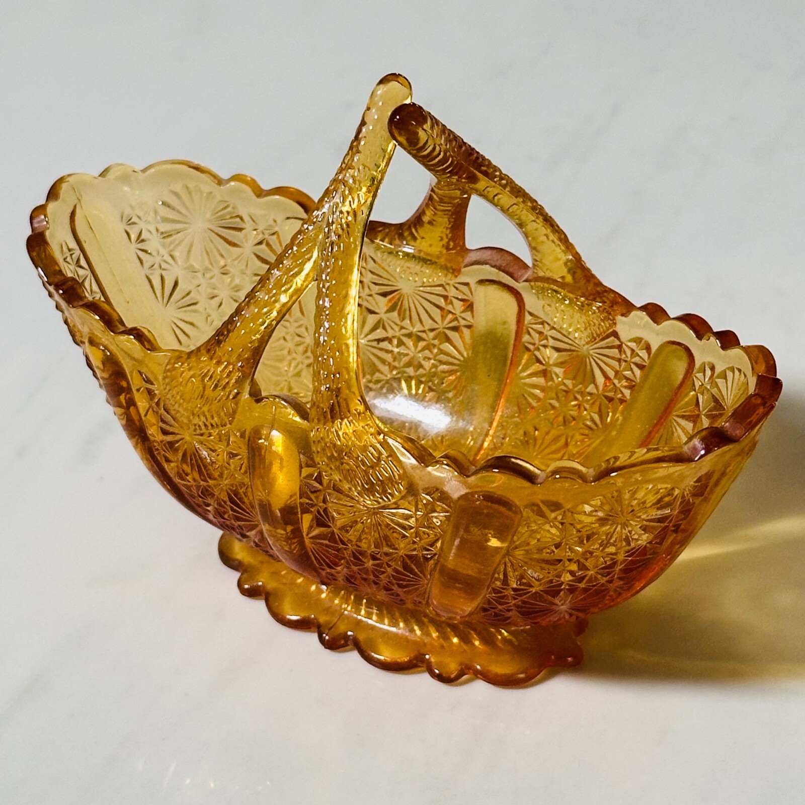 Vintage Amber Depression Glass Basket Candy Dish Daisy & Button