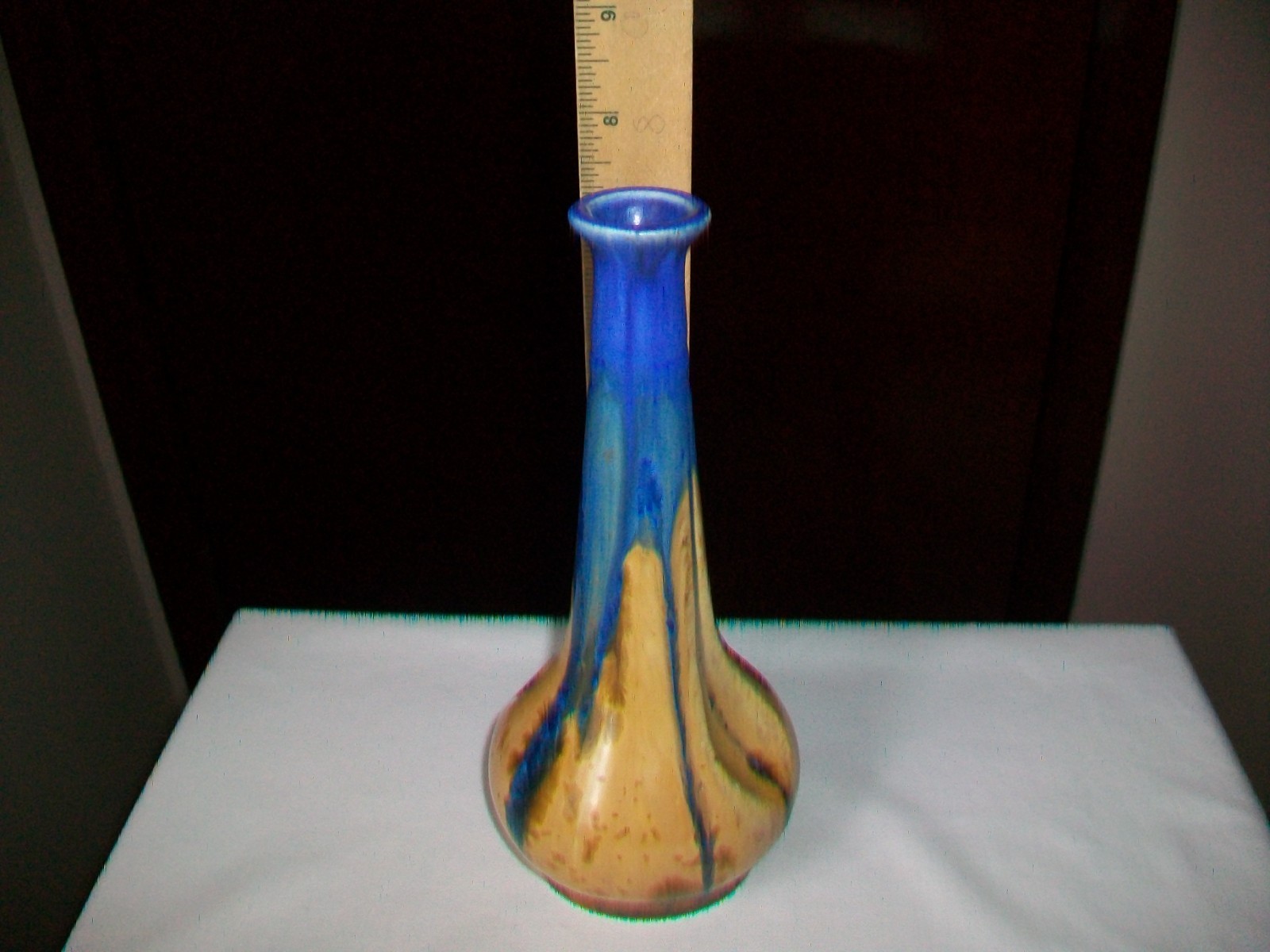 VINTAGE ART POTTERY BUD VASE MADE IN FRANCE BLUE TAN BROWN 7 1/2″