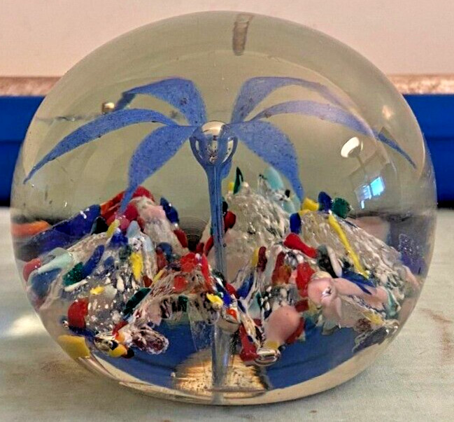 Clear Glass Blue Flower Paperweight