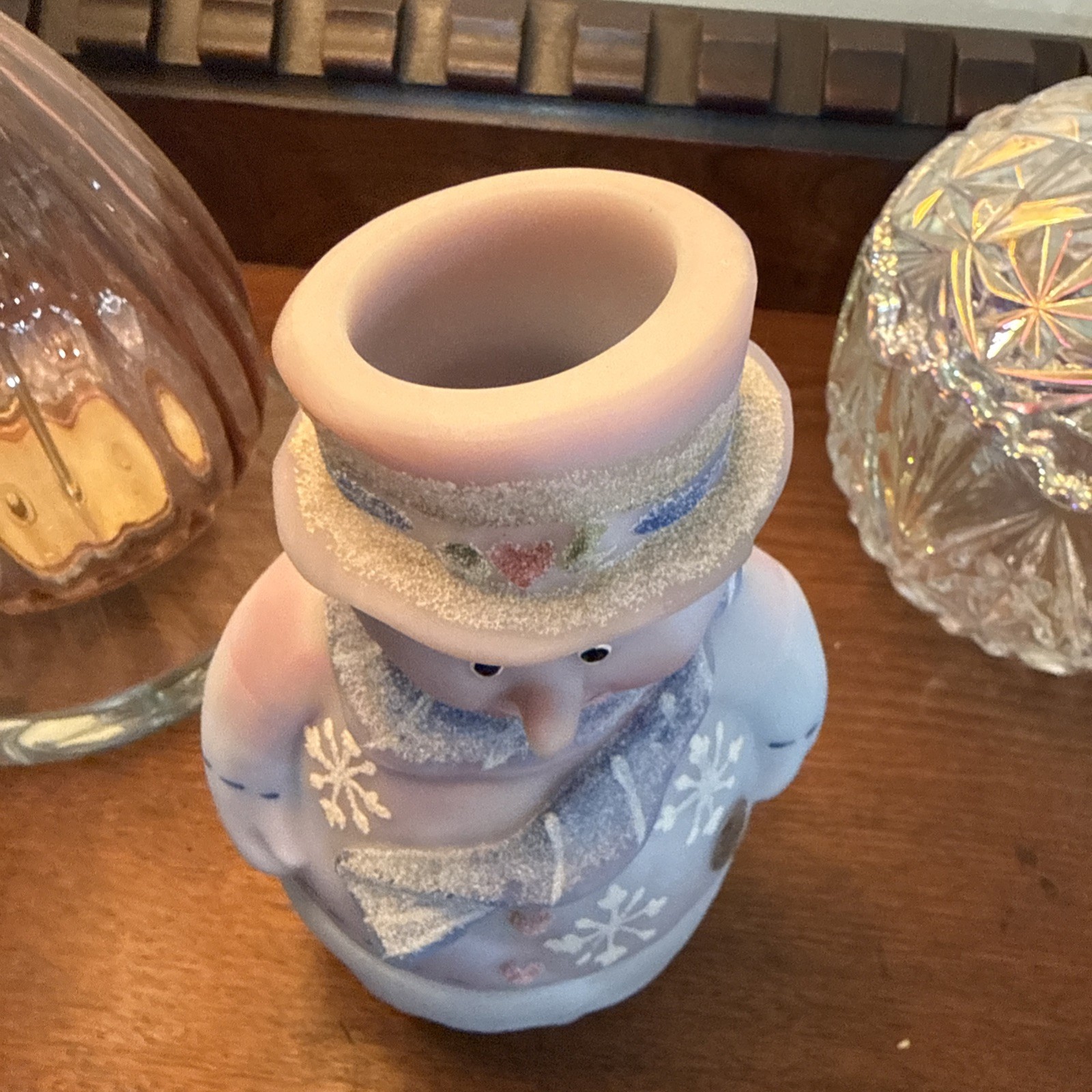 Fenton Art Glass Blue Burmese Snowman Fairy Lamp Signed With Sticker RARE