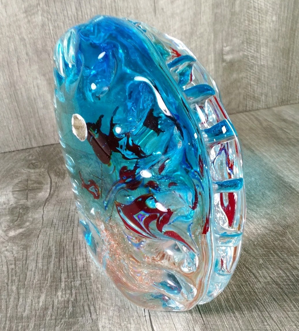 MURANO FISH AQUARIUM Gold Flakes Paperweight Murano Paper Label, Colorful 5″X6″