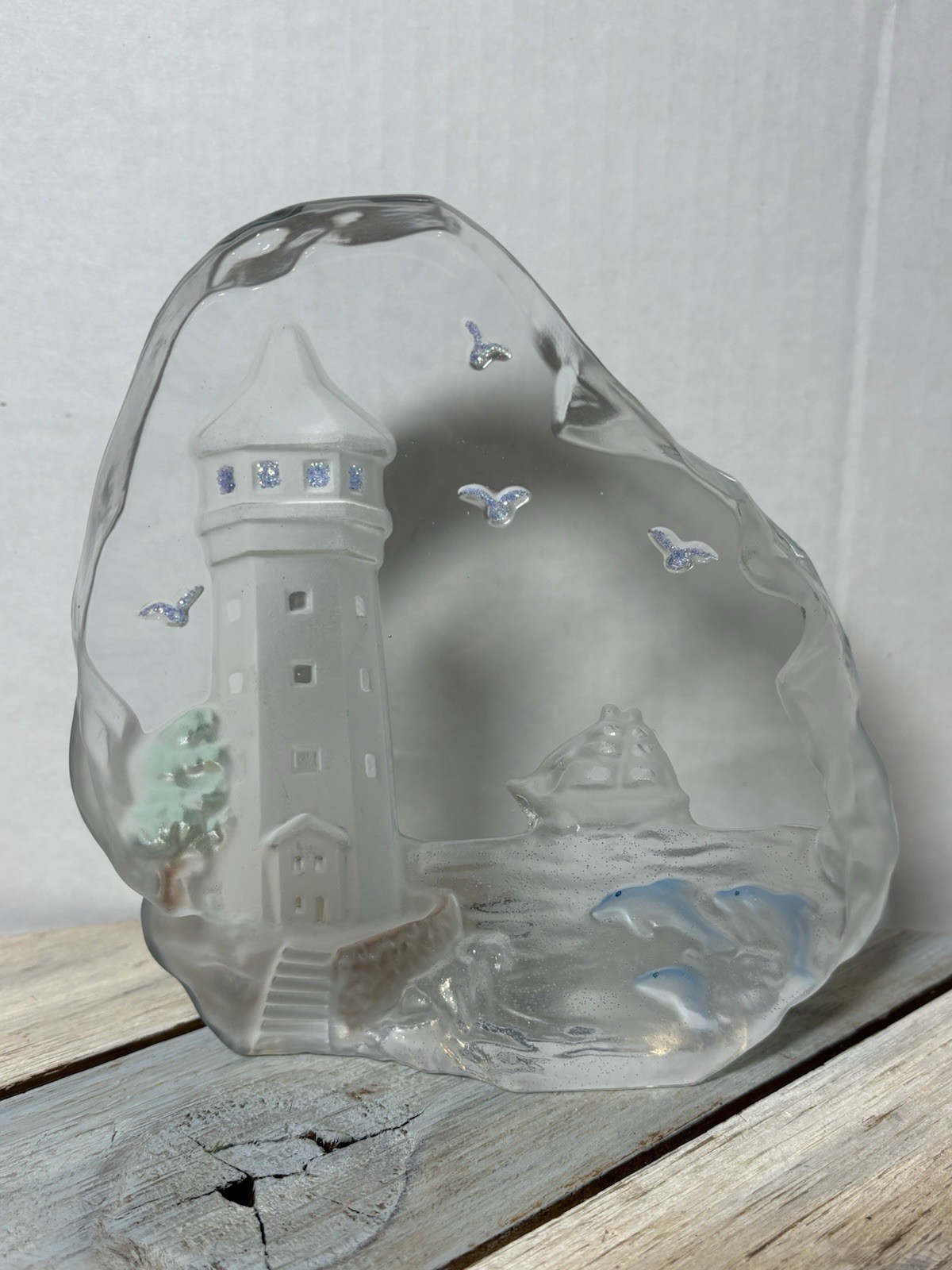 Art Glass Lighthouse Sculpture Etched Seascape Paperweight 6 Inch Height