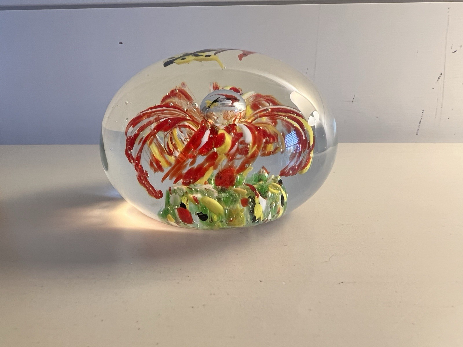 Vintage Glass Paperweight Orange And Yellow With Butterflies, Murano Style
