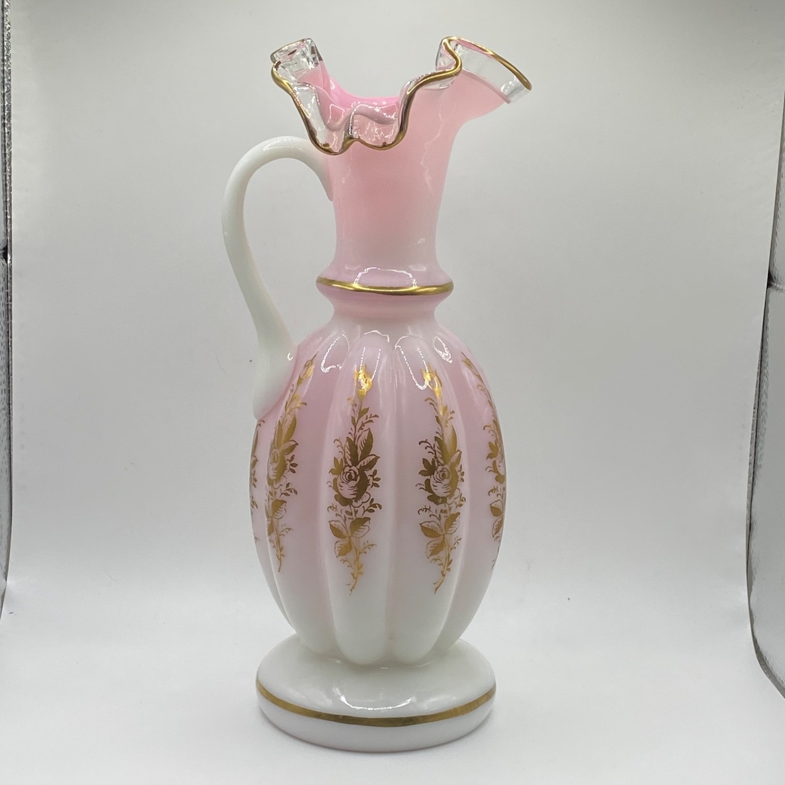 Vintage Fenton Tyndale Peach Crest White Glass Gold Trim Pitcher Jug Vase