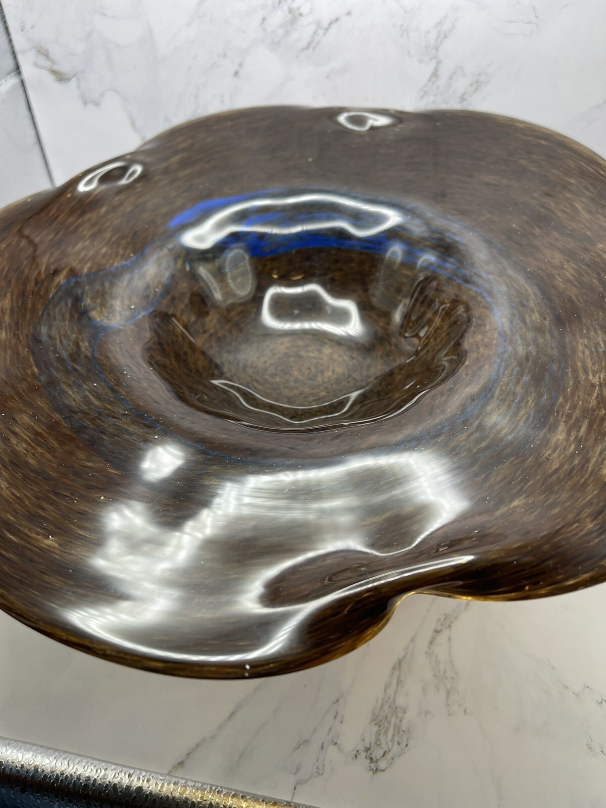 Vintage Murano Art Glass Bowl Footed Handcrafted Vase Brown RARE 11.5″ Round