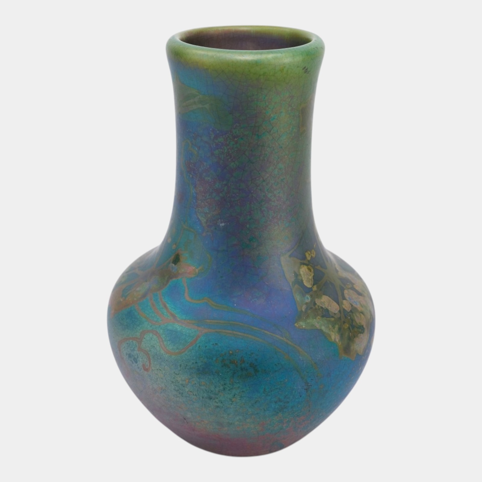 Weller Sicard 1902-07 Art Nouveau Pottery Green Iridescent Luster Floral Vase