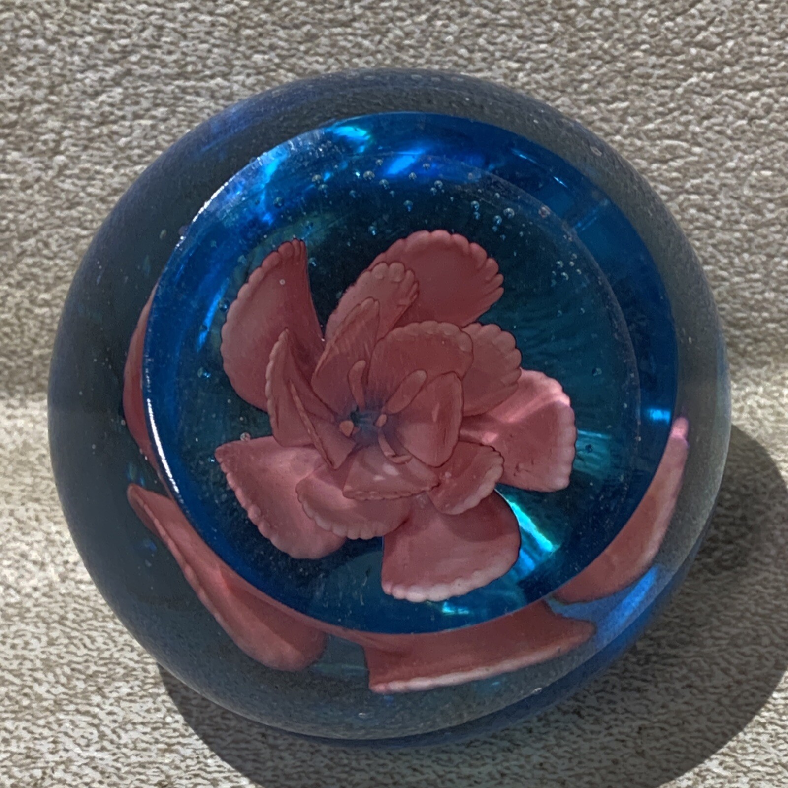 Pink Water Lily or Lotus Flower in Aqua Blue Water Glass Paperweight 2.25” Tall