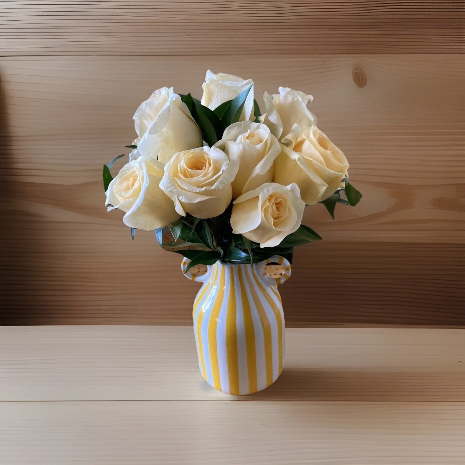 Ceramic Striped Yellow White Decorative Vase with Handles Glossy Finish