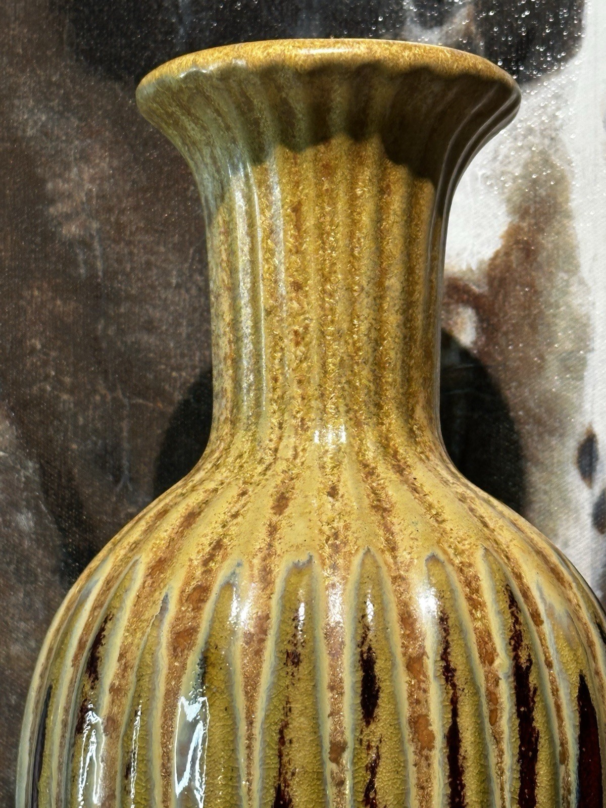 VTG MCM Studio Art Pottery Drip Glaze Fluted Vase 17.5″ Green/Rust