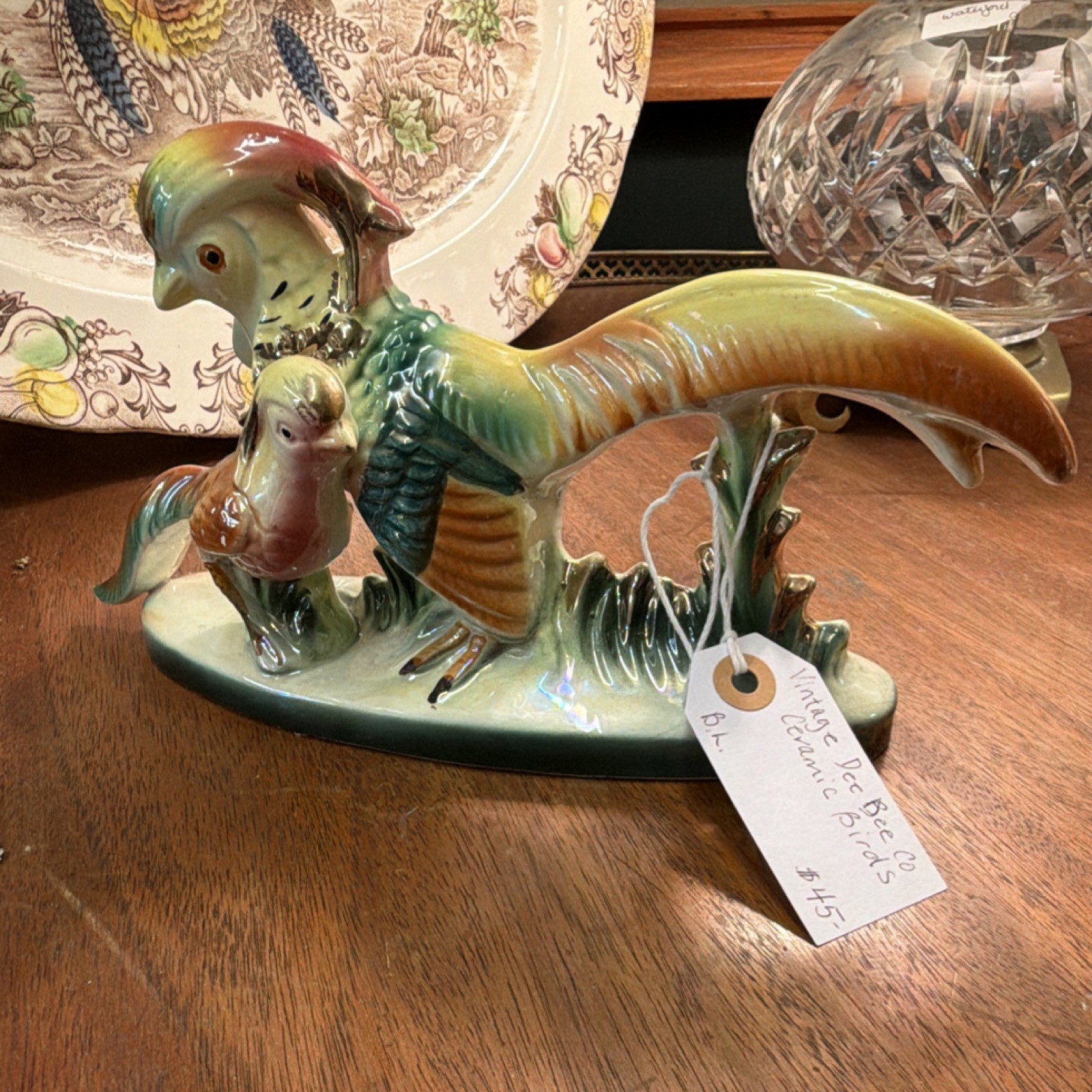 Vintage Dee Bee Co ceramic Bird Figurine w/ Chick on Base, Green Brown Yellow
