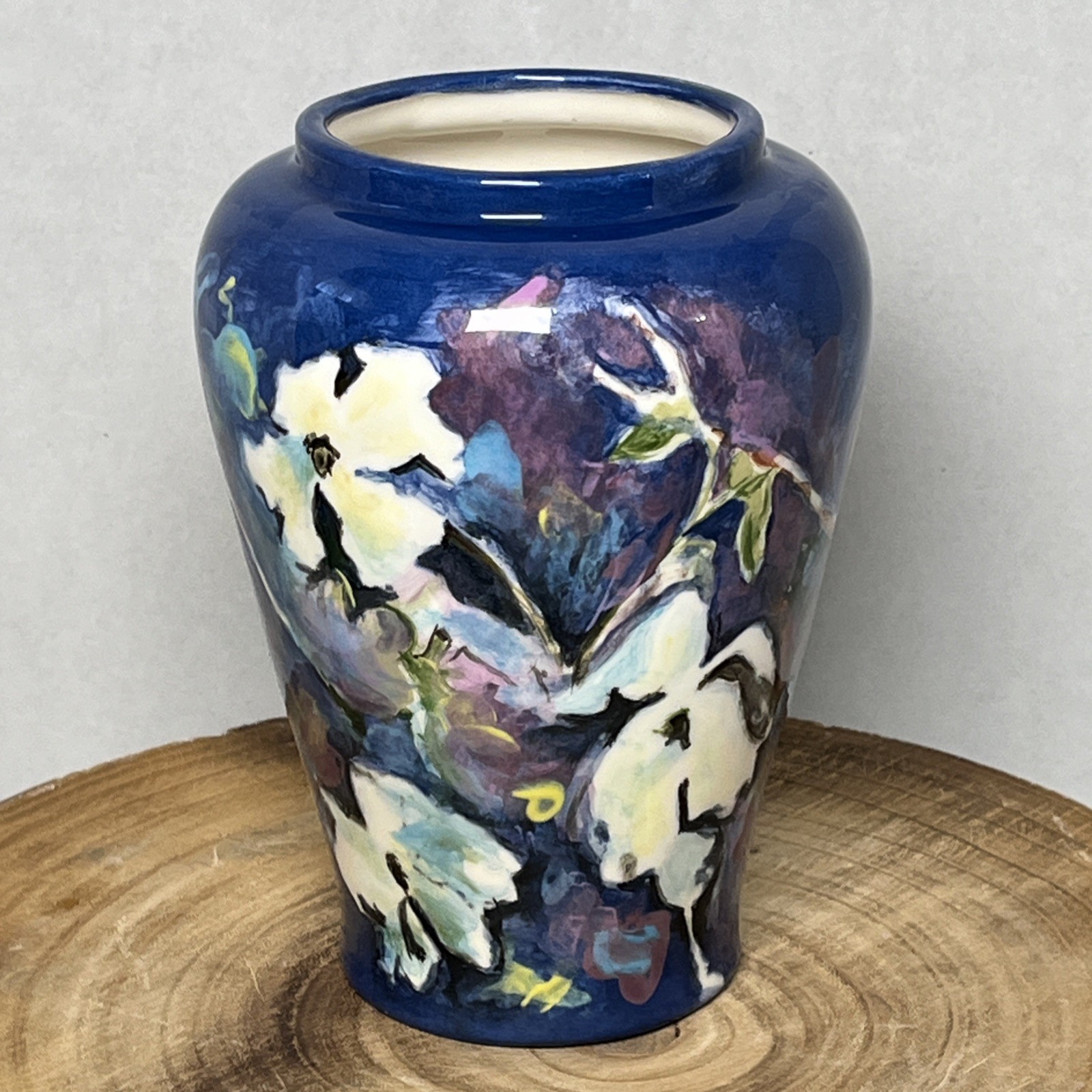 Stunning Art Pottery Hand Painted Vase White Pansies Dogwood Flowers Blue Signed