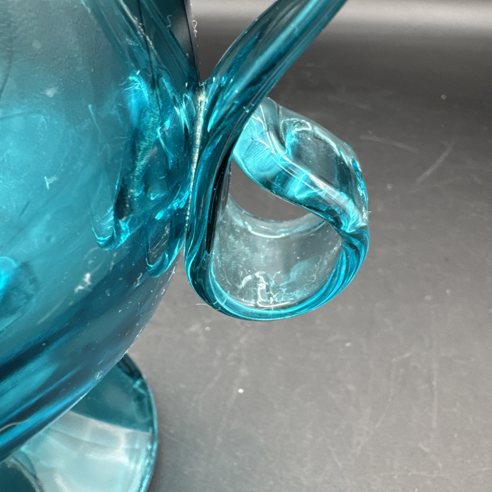 LE Smith Swung 14″ Simplicity Glass Peacock Blue Footed Pitcher Candlestick VTG