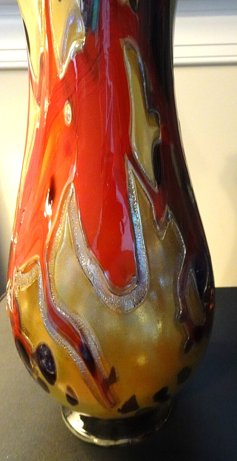 Signed Sy Dowling 14.5″ Freeform Studio Art Glass “Flambe” Vase 2014