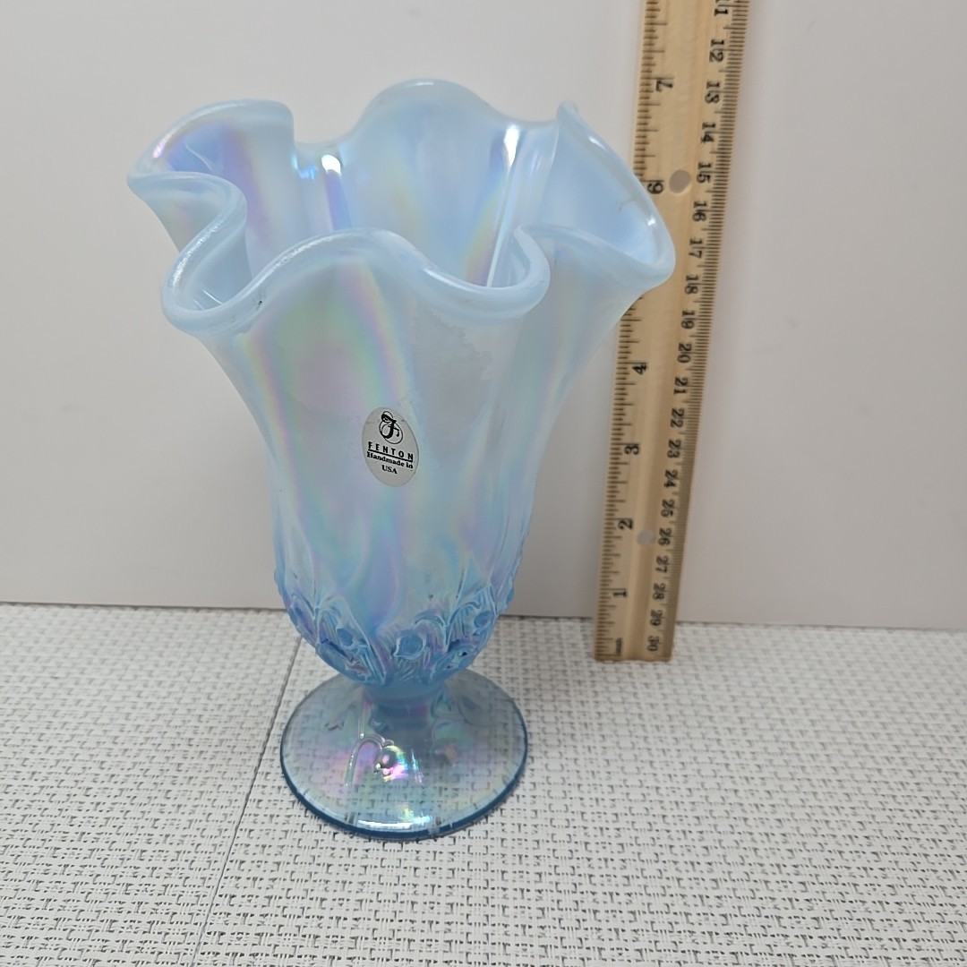 Vintage Fenton Art Glass Lily of the Valley Opalescent Blue Ruffled Vase 6 ¼ in.