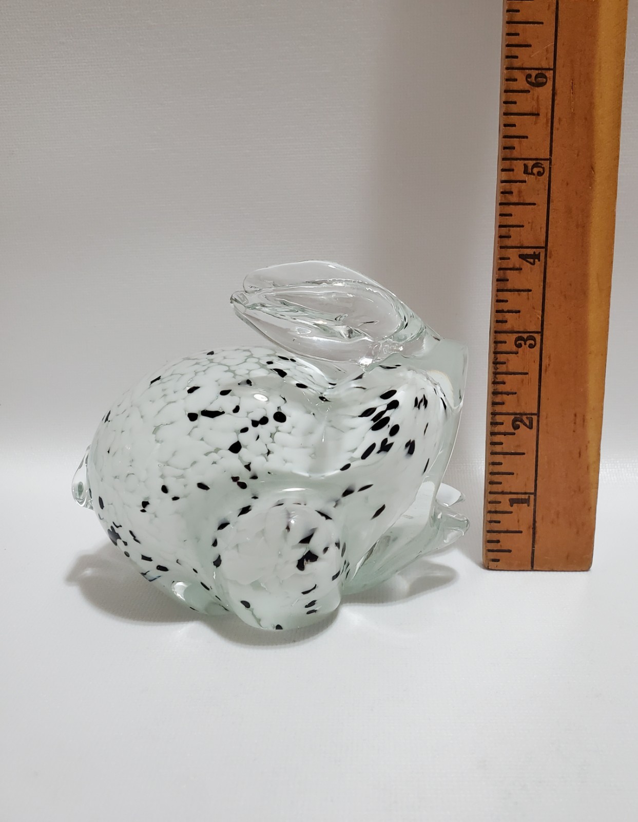 Blown Glass Bunny Rabbit Figurine, Paperweight, Black & White Speckled In Clear