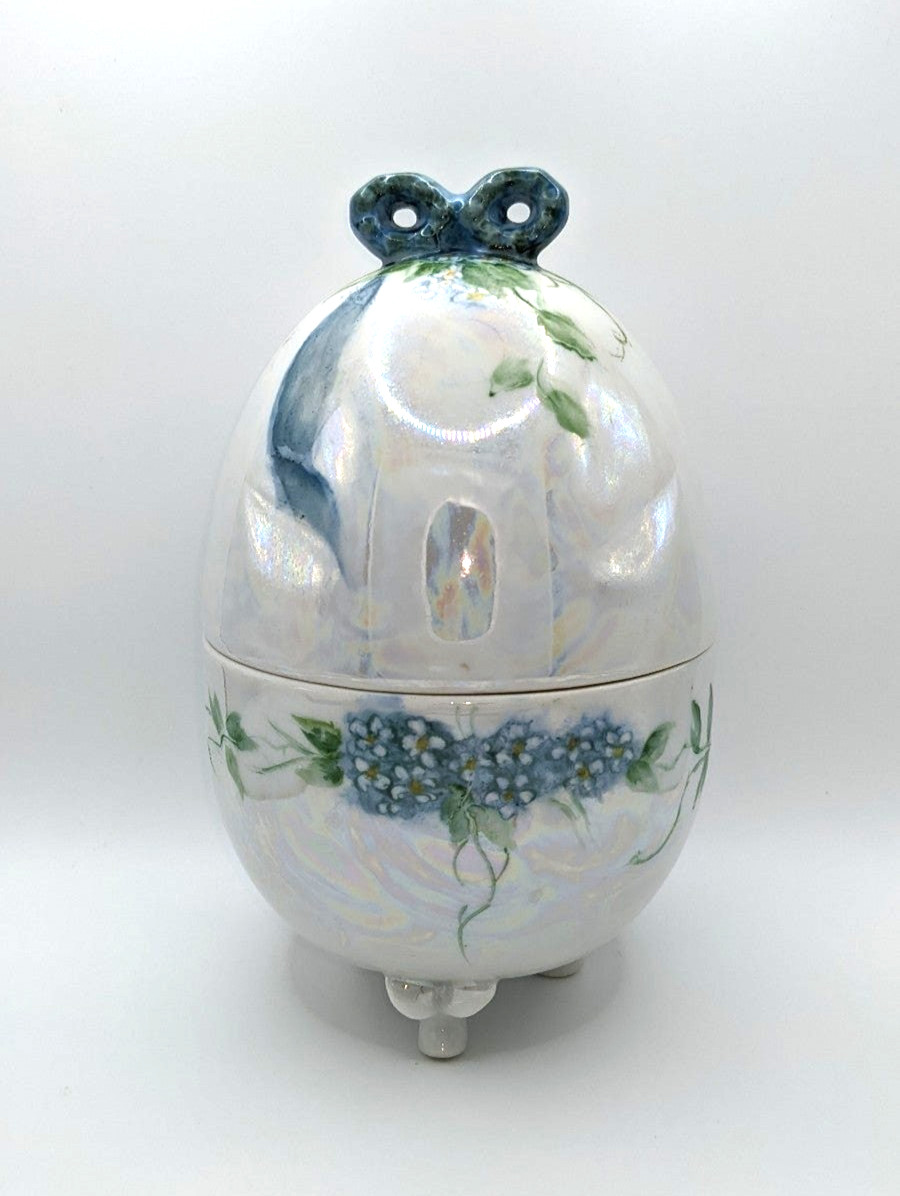 Vintage Egg Shaped Iridescent Ceramic Porcelain Tri Footed Trinket Dish with Lid