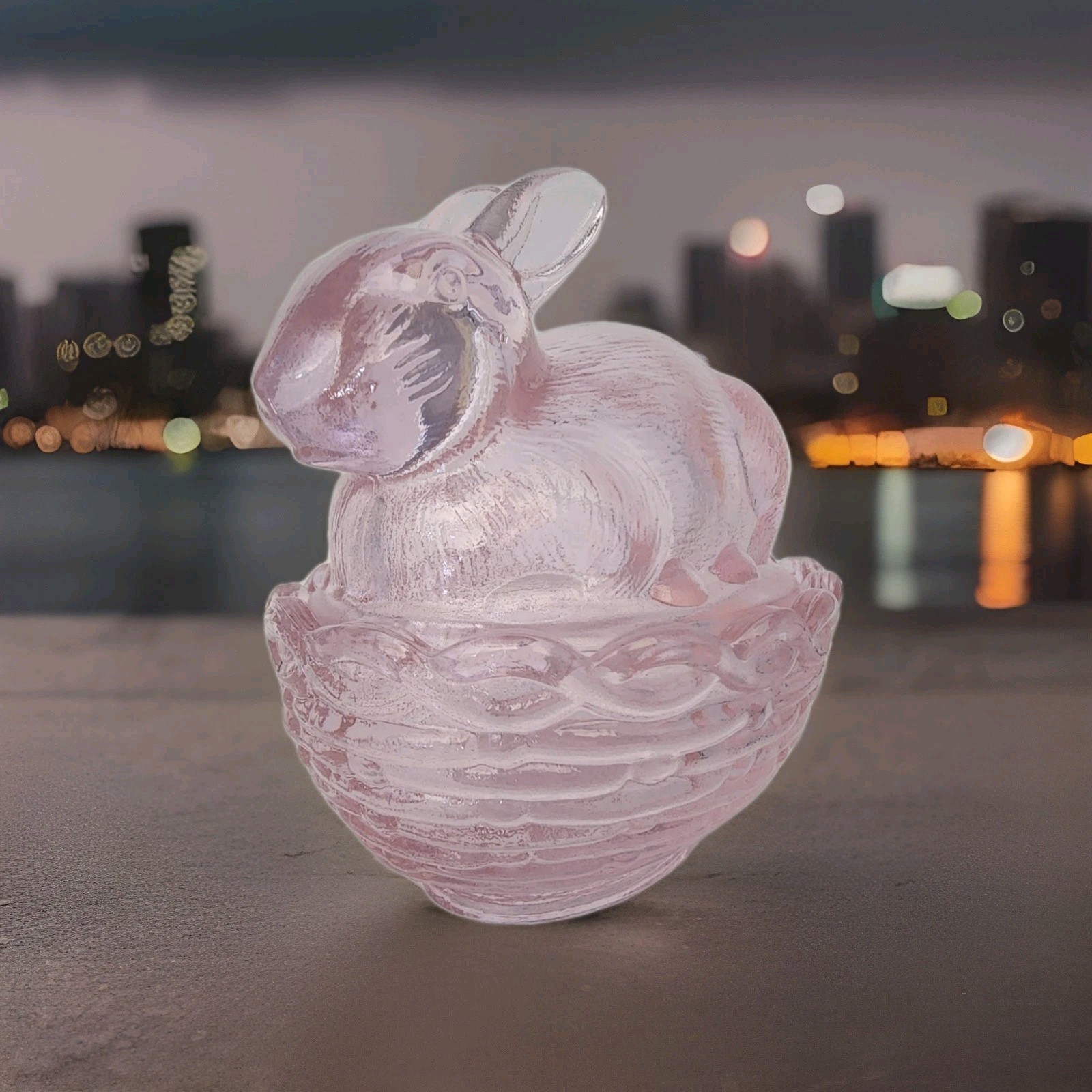 Easter Bunny on Basket Mosser Glass W/ Logo Covered Dish Passion Pink 4″