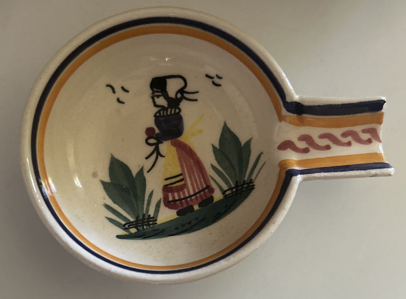 Henriot Quimper France Ceramic Ashtray Vintage 4-1/8″ L Lady Center