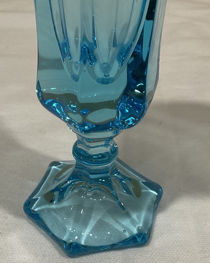 Vintage Fostoria 8” Blue Coin Glass Bud Vase, Excellent Condition!