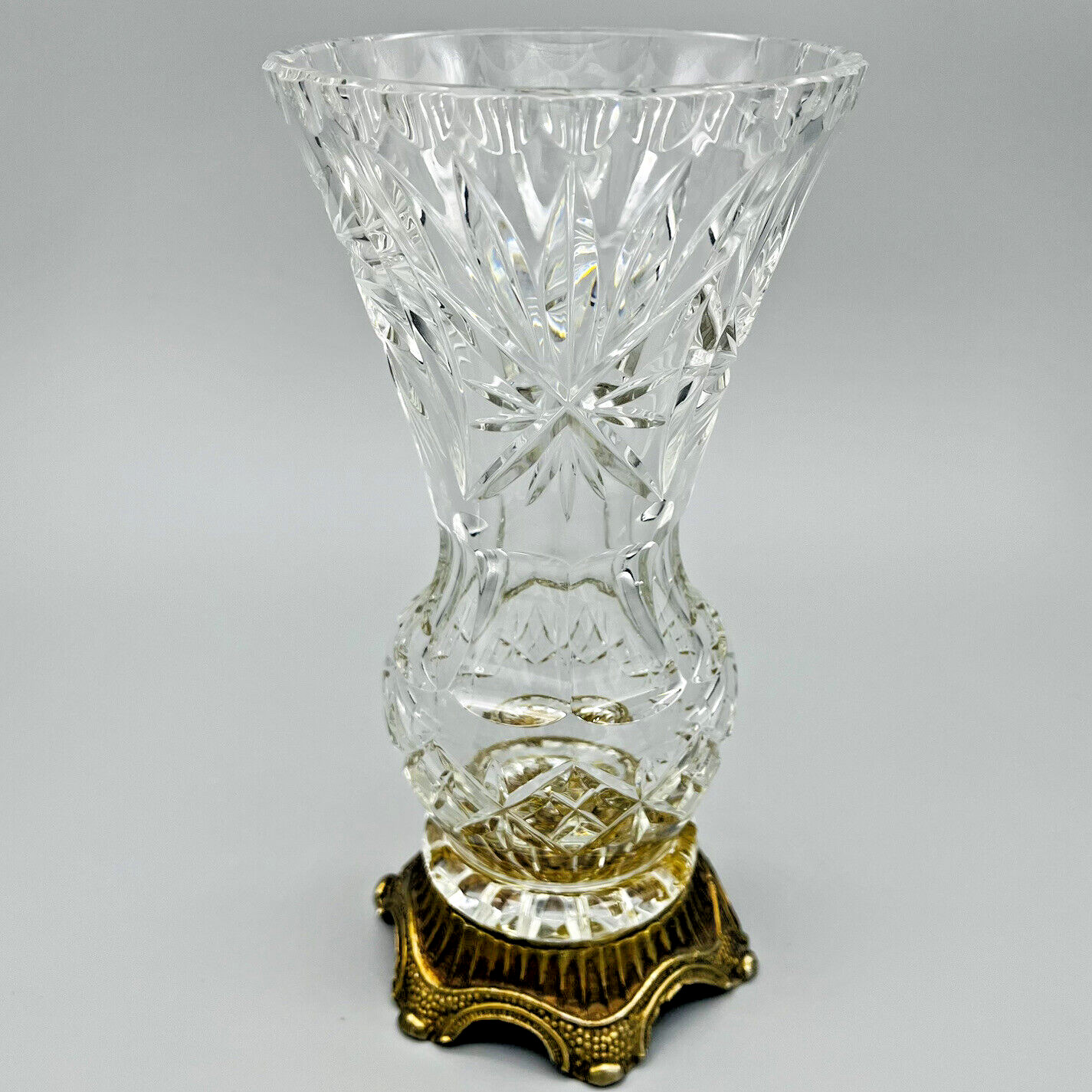 VTG Cut Crystal Trumpet Vase Pinwheel Starburst Formal Ornate Metal Footed Base